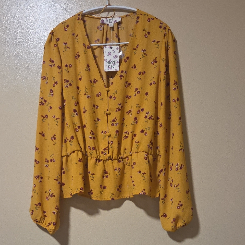 Hippie Rose Mustard Floral Blouse NWT